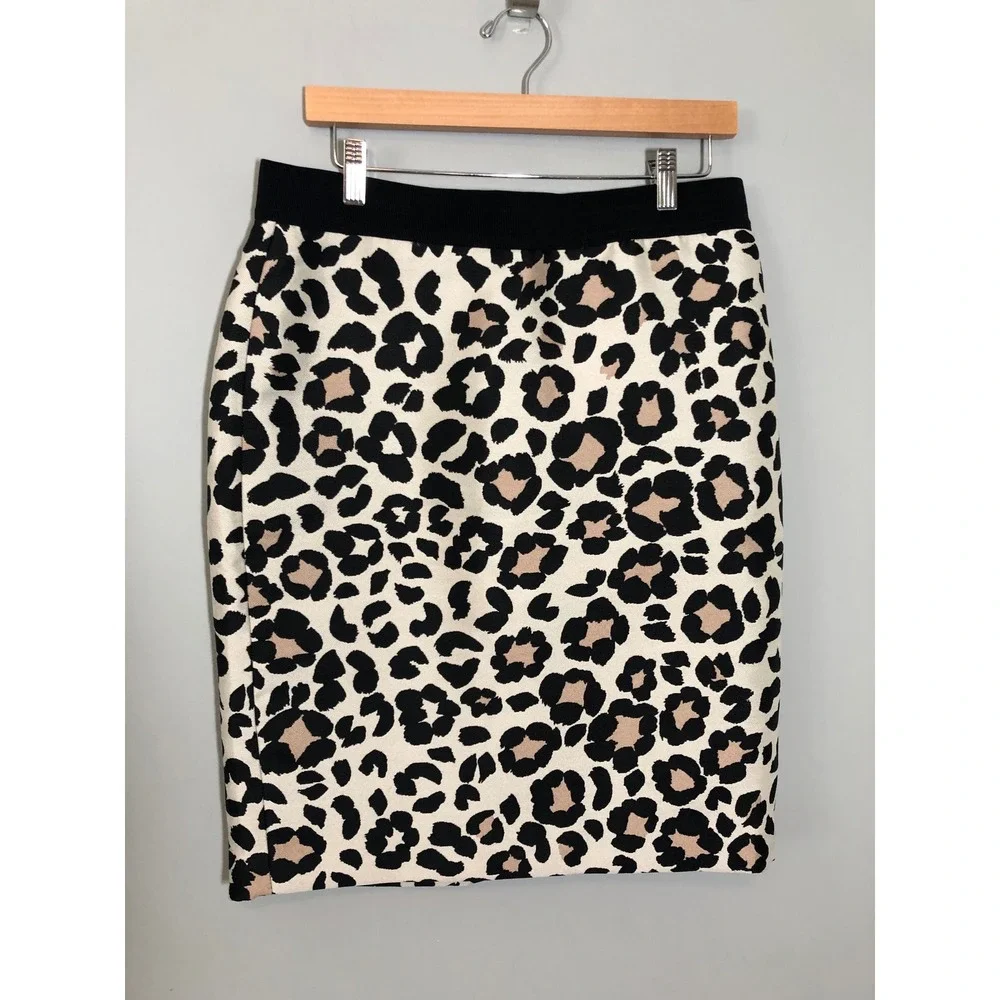 Ann Taylor Pencil Skirt Women 10 Ivory Black Tan Leopard Print Elastic Waist